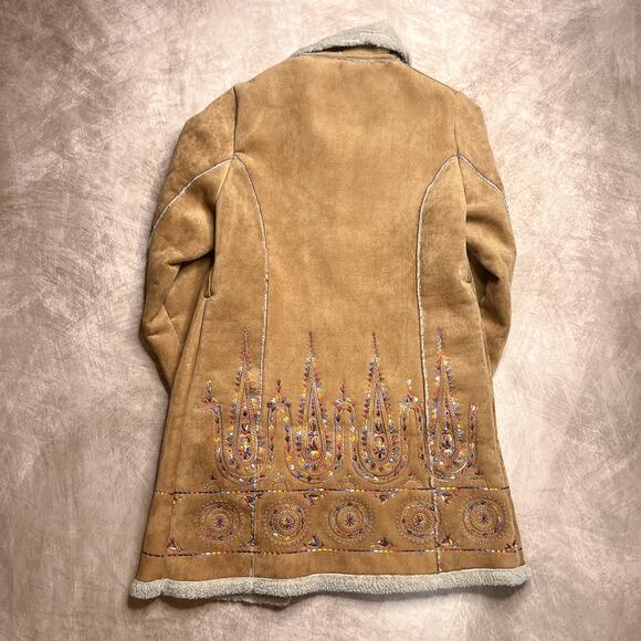 Vintage 90s Bacci Floral Embroidered Penny Lane Coat Faux Suede Sherpa Collar - Picture 2 of 11
